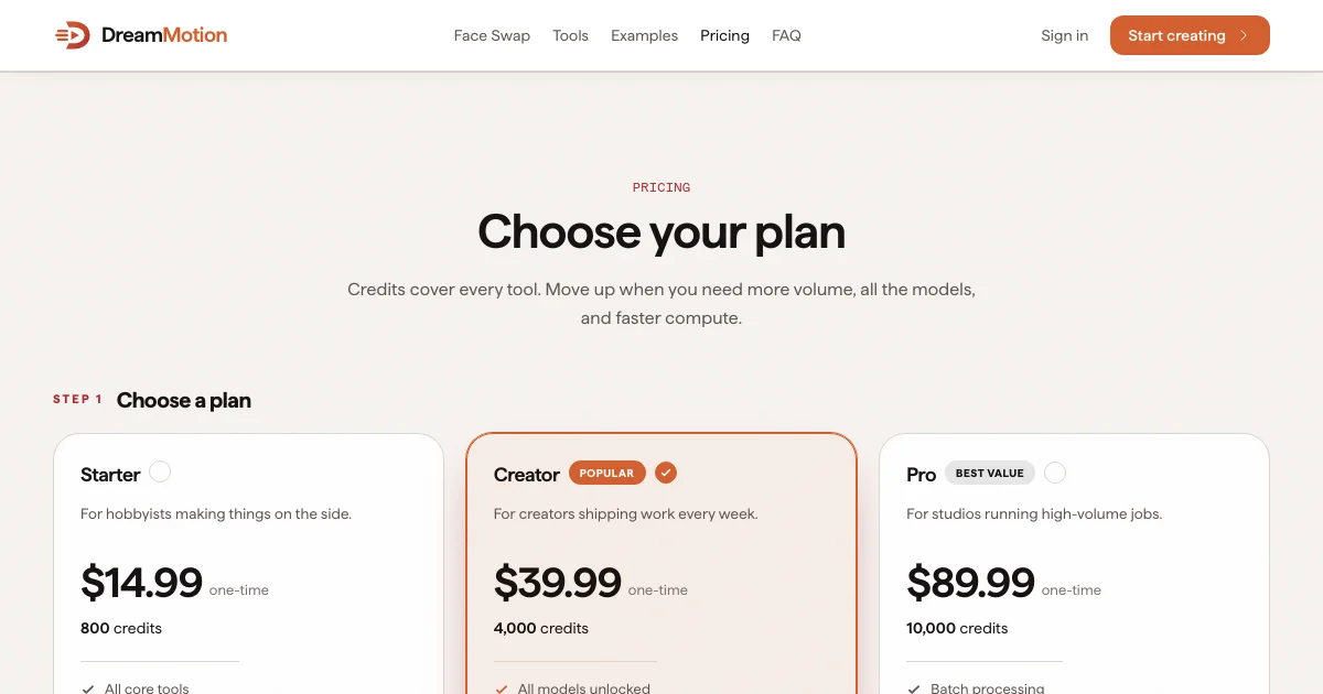 Dreammotion pricing page