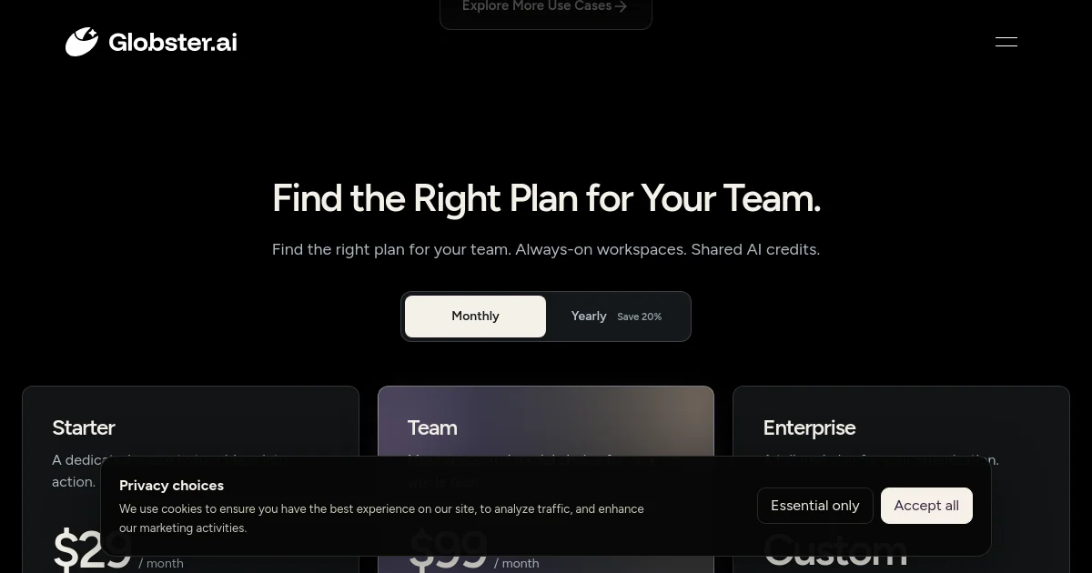 Globster.ai pricing page