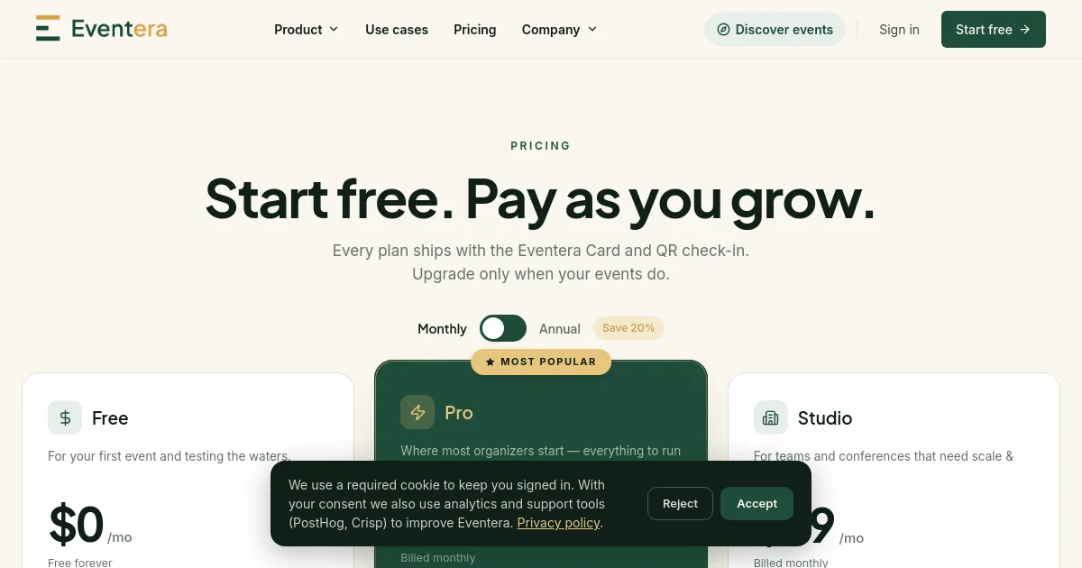 Eventera pricing page