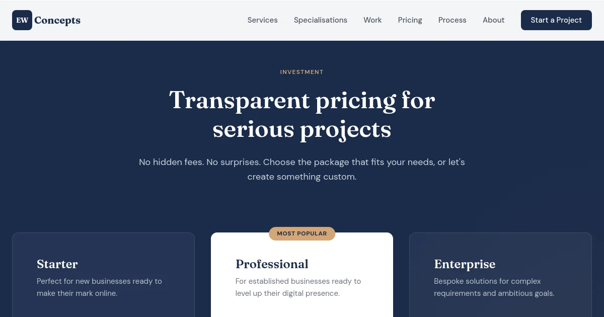 Ewconcepts pricing page