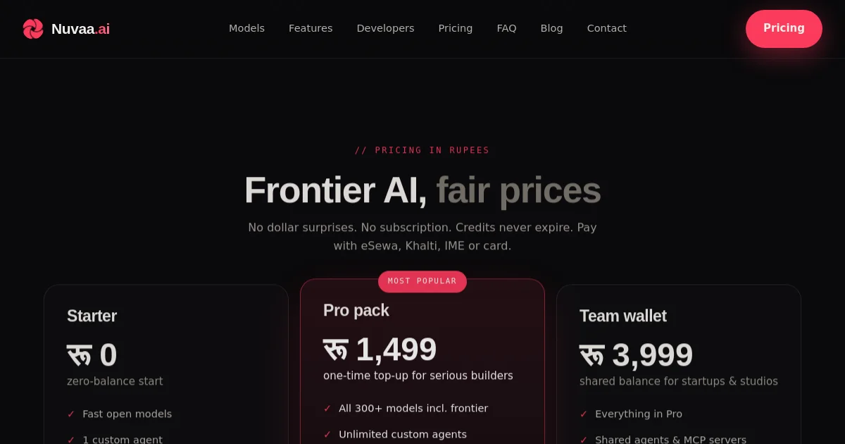Nuvaa pricing page