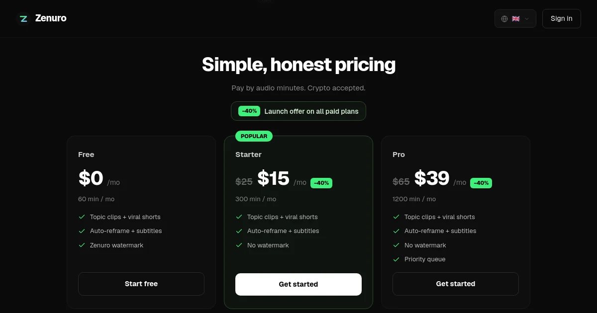 Zenuro pricing page
