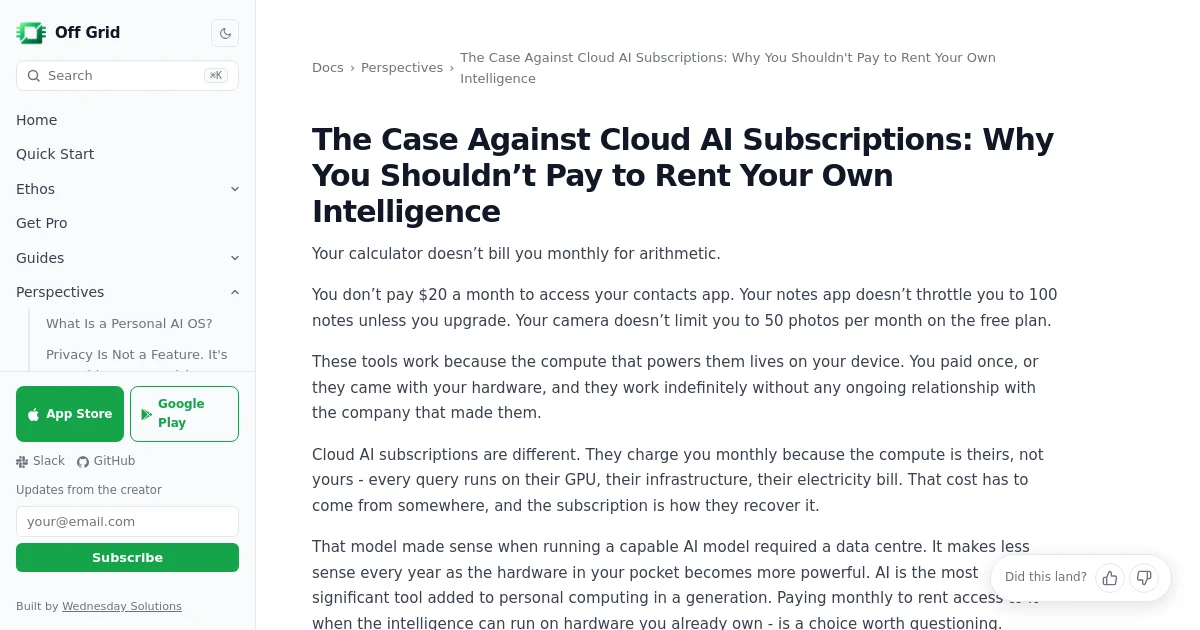 Off Grid pricing page
