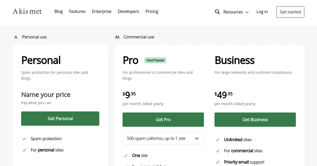 Akismet pricing page