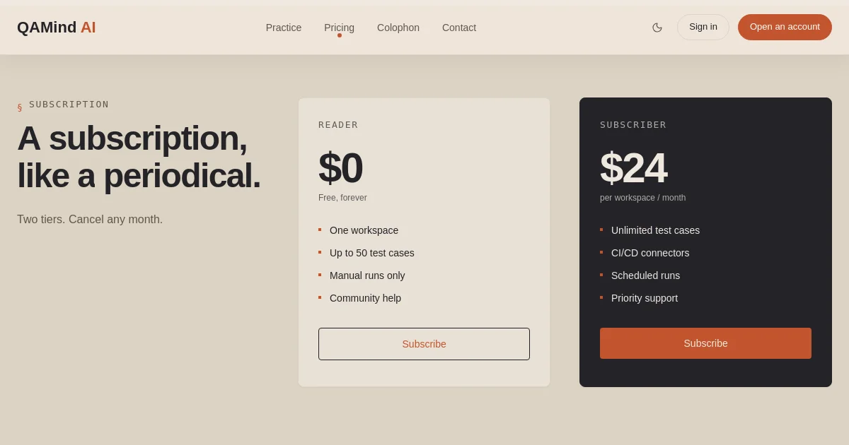 Qamind pricing page
