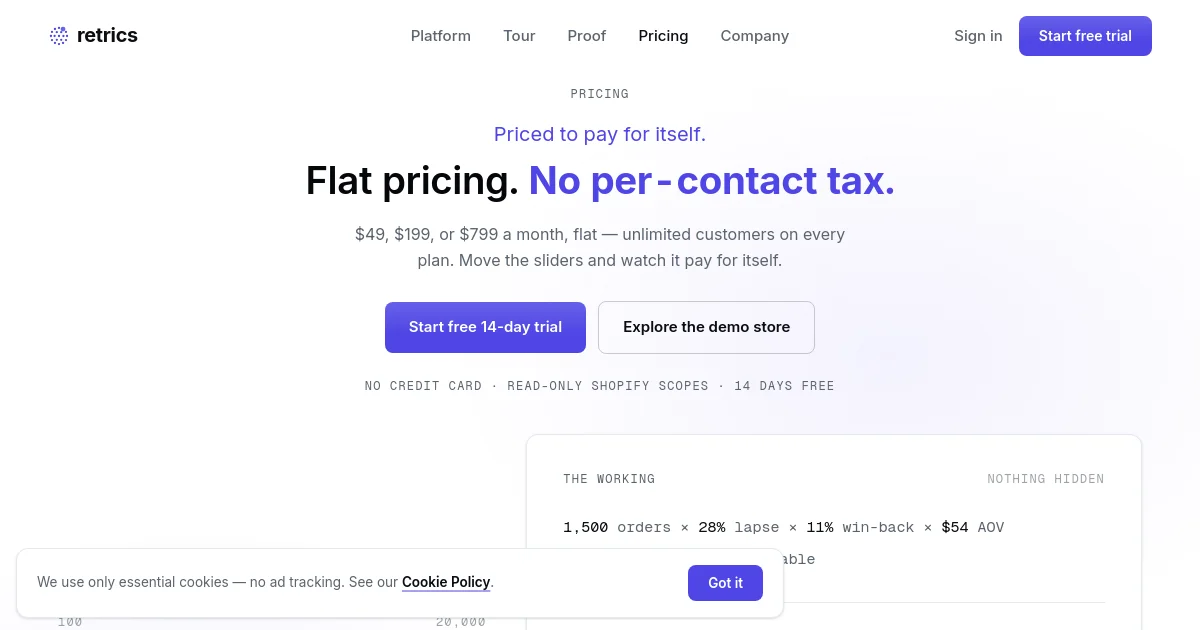 Retrics pricing page