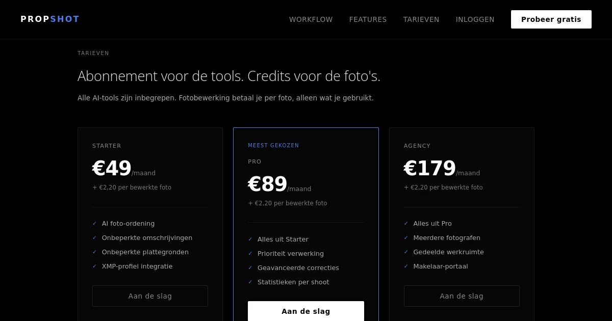 Propshot pricing page