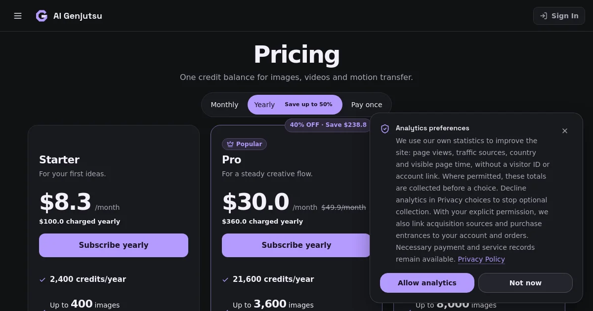 AI Genjutsu pricing page