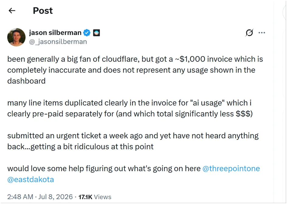Cloudflare CEO Matthew Prince addressing customer billing disputes on X.com