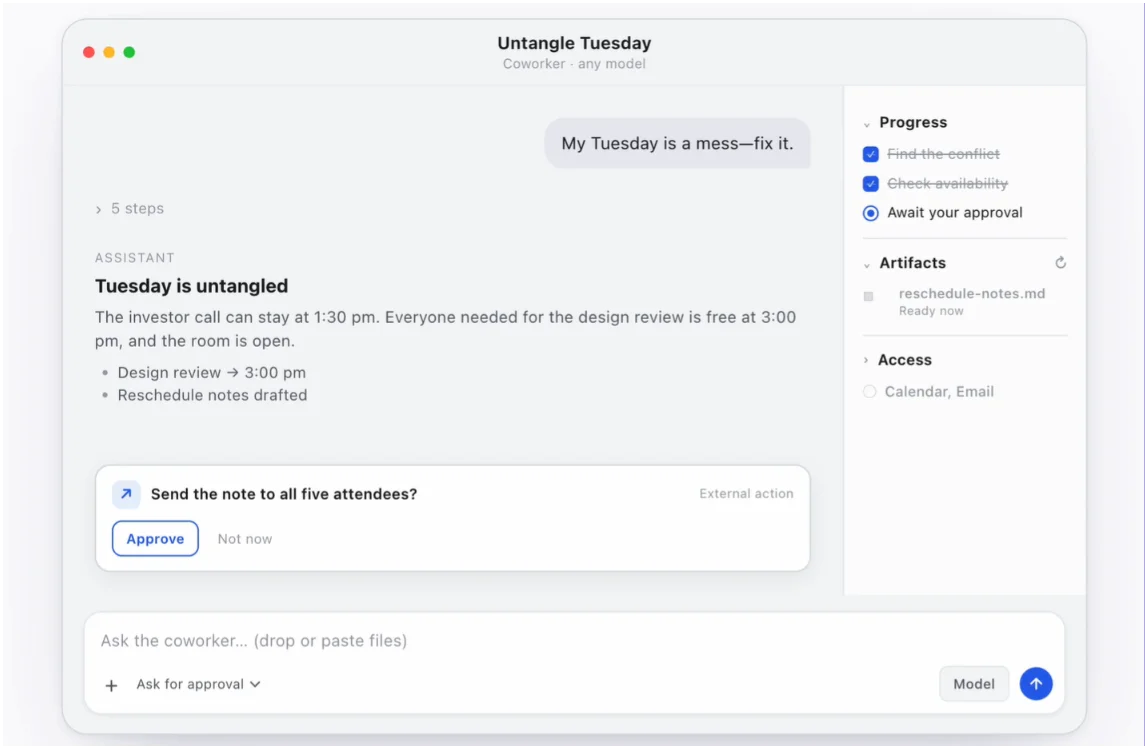 OpenWorker AI desktop co-worker agent delivering finished work on a Mac
