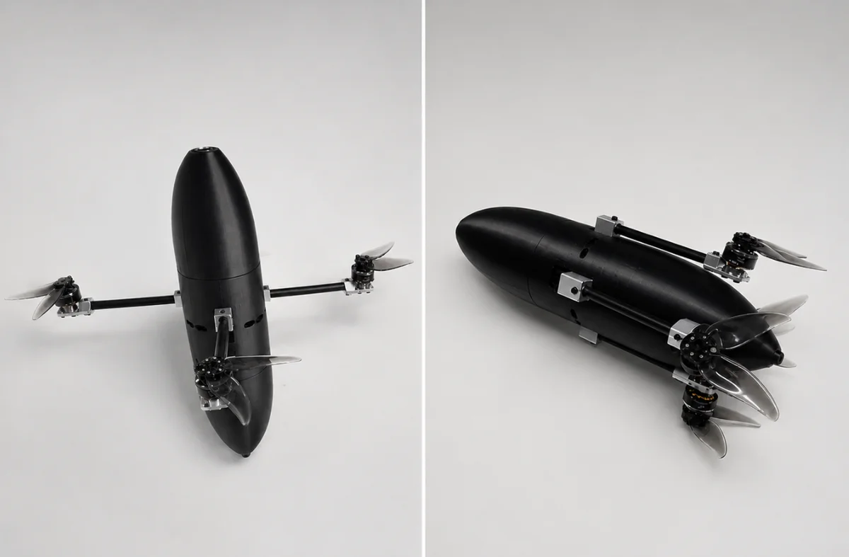 Mara Spike Seeker interceptor drone with folded propeller arms next to deployed sensor