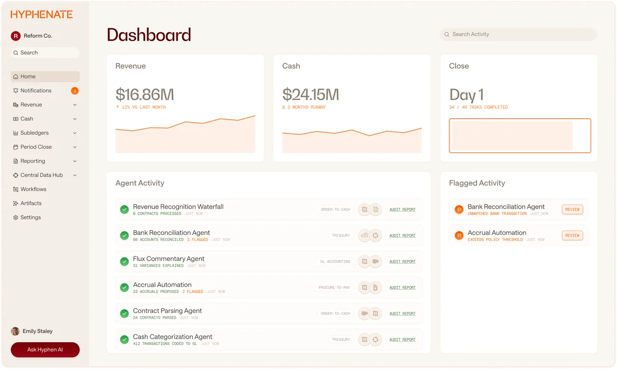 Hyphenate autonomous finance platform interface showing AI agents handling reconciliation and invoicing