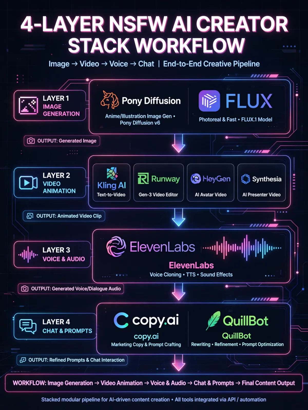 Four-layer AI creator stack for hentai and furry content: image, video, voice and prompts