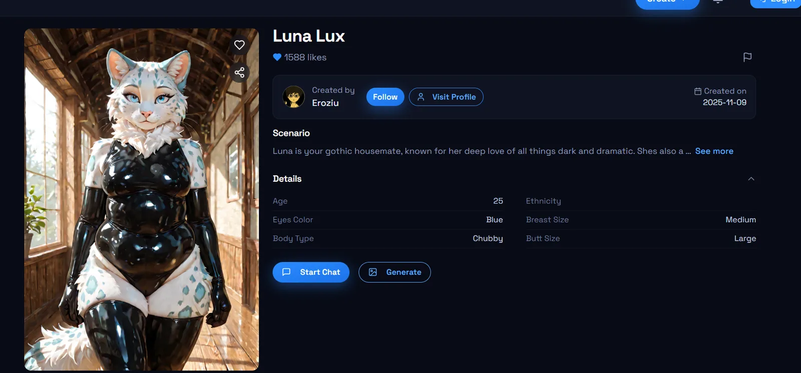 Darlink AI anthro character profile page showing age and customization attributes