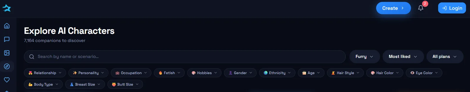Darlink AI character browser with the Furry filter and 7,164 companions