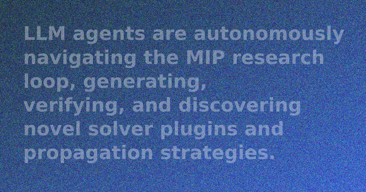 Abstract diagram illustrating the agentic MIP research framework with LLM agents interacting with a solver harness.