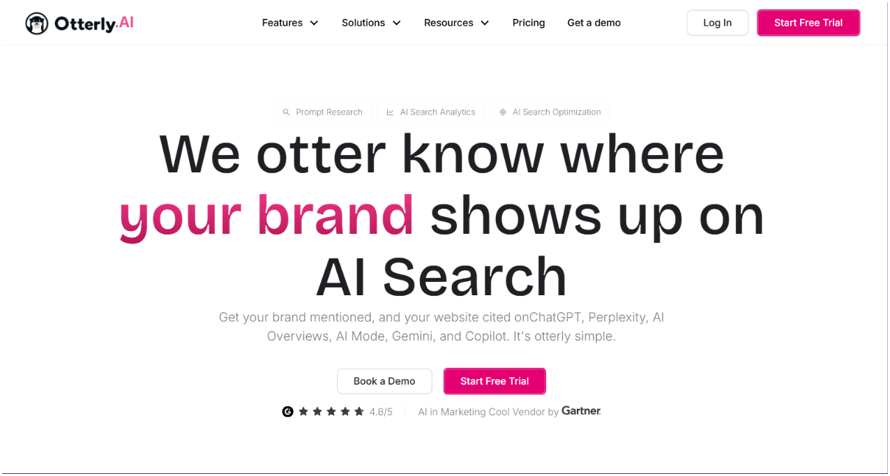 Otterly.AI homepage showing brand tracking across ChatGPT, Perplexity, AI Overviews, AI Mode, Gemini and Copilot