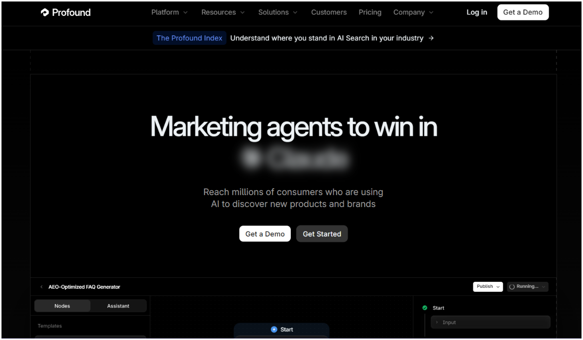 Profound platform showing marketing agents and an AEO optimized FAQ generator workflow
