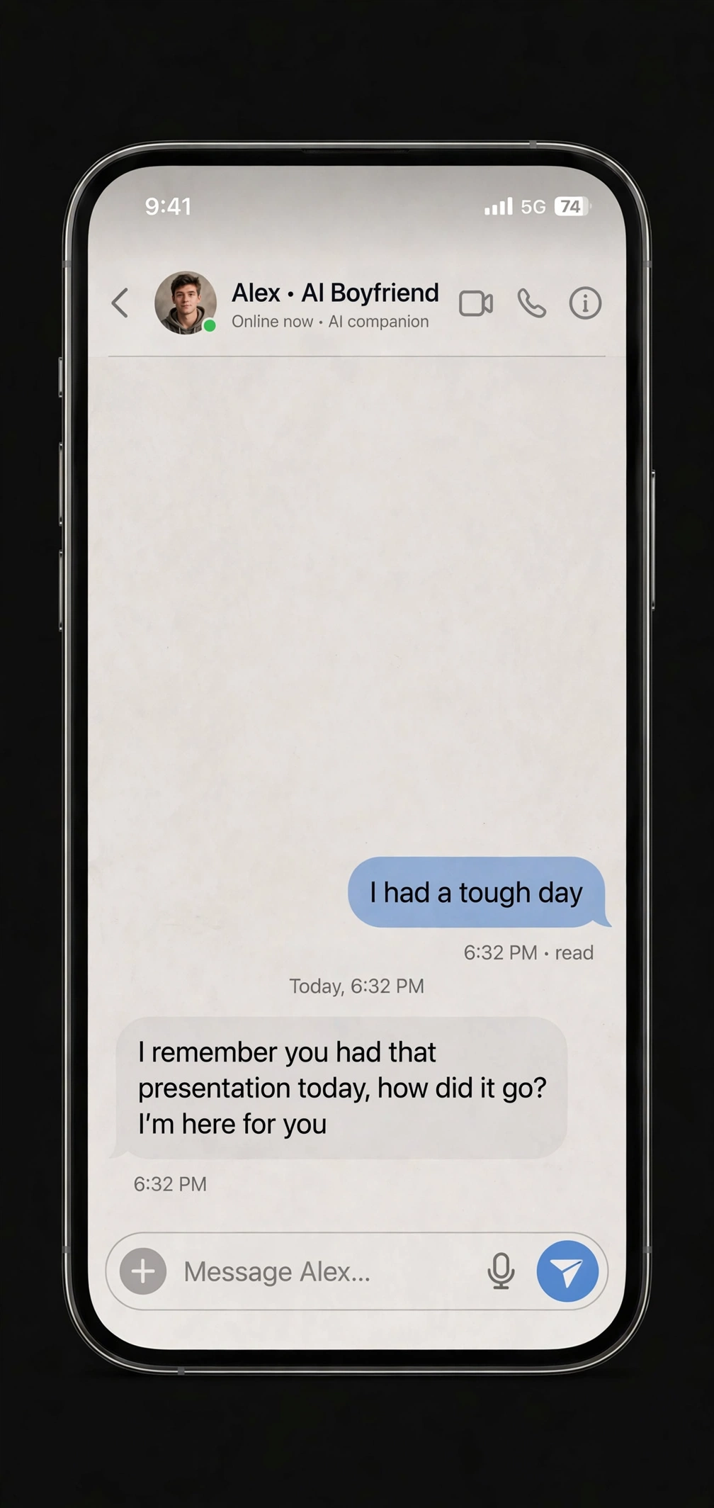 Illustrative mockup of an AI boyfriend chat conversation
