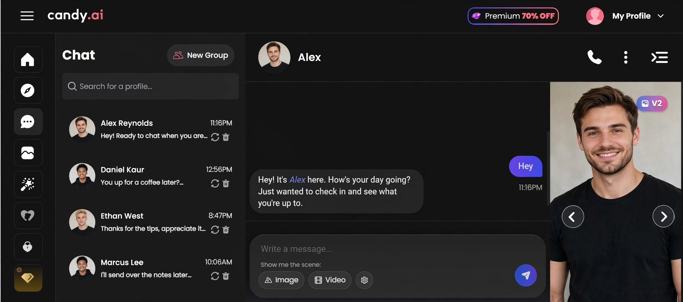 Candy AI chat interface with a male AI companion