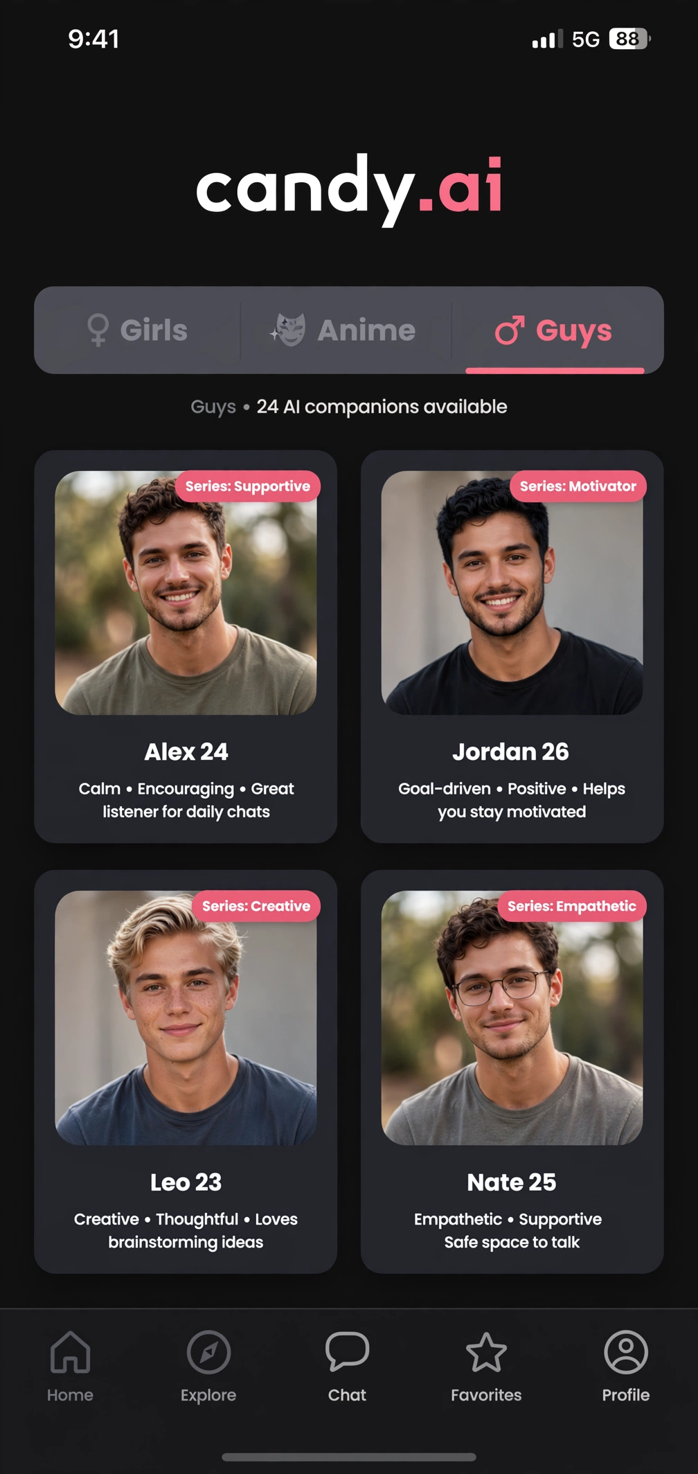 Candy AI mobile app Guys tab with four male companion profiles
