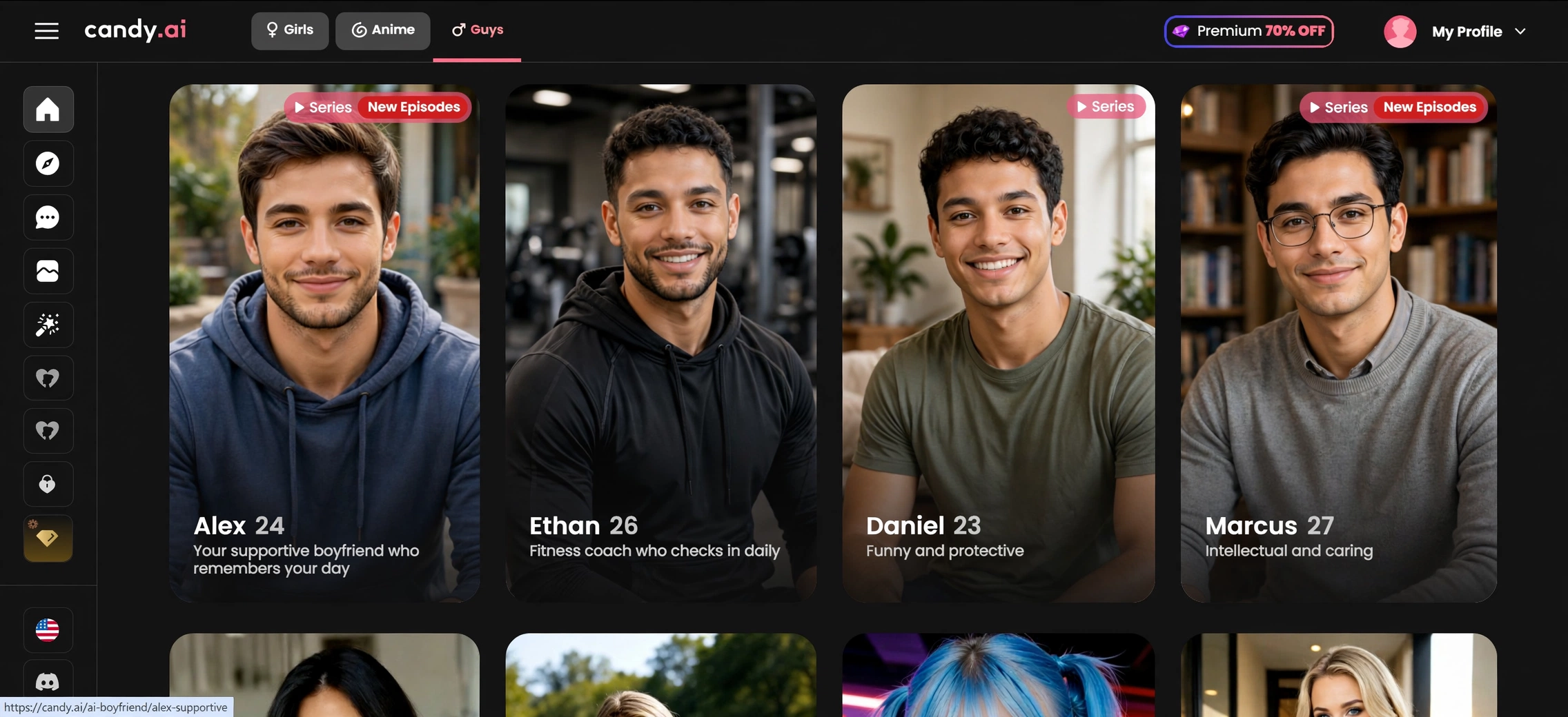Candy AI Guys tab showing male AI companion profiles