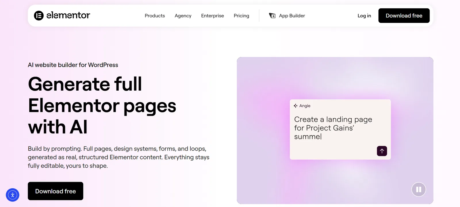 The Elementor homepage headline reading Generate full Elementor pages with AI, beside a prompt box creating a landing page