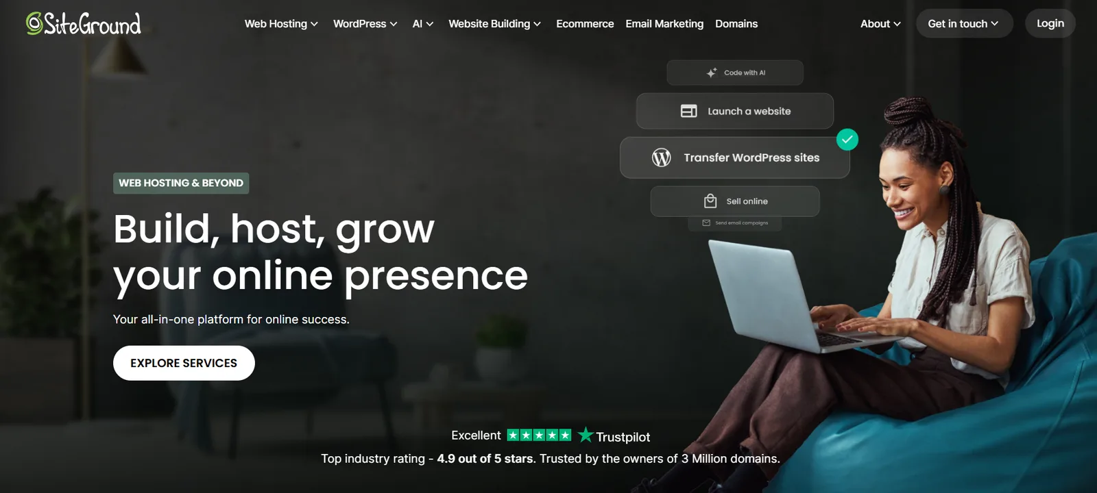 The SiteGround homepage showing options to launch a website, transfer WordPress sites and sell online