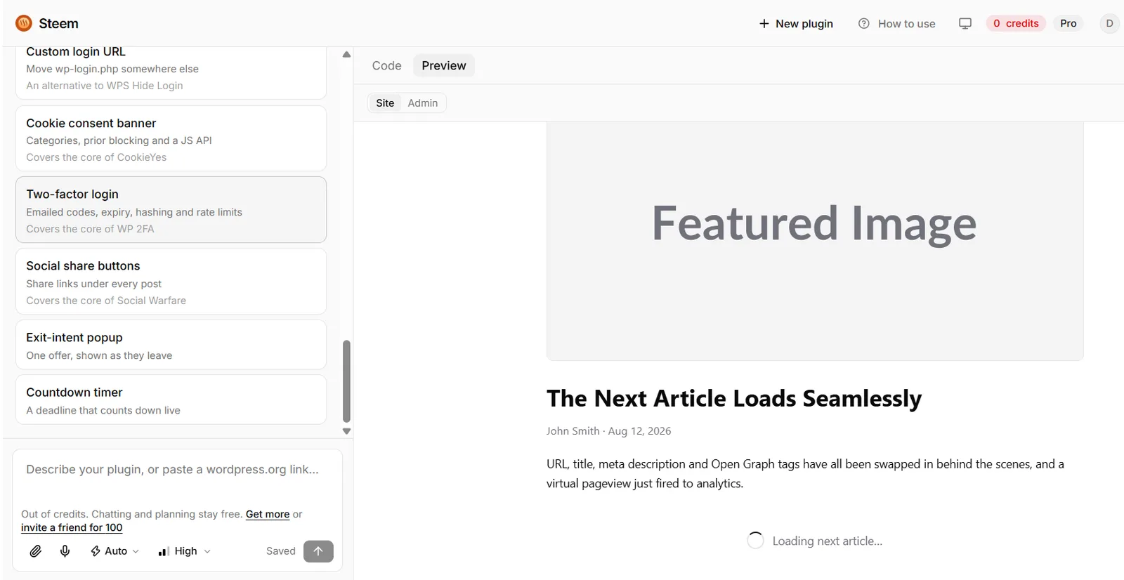 The Steem editor with a list of generated WordPress plugins on the left and a live site preview on the right