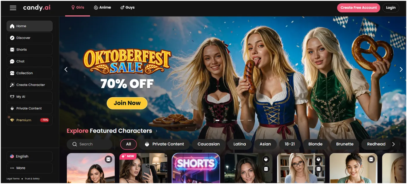 Candy AI homepage in October 2026 showing the Oktoberfest sale and the character filters