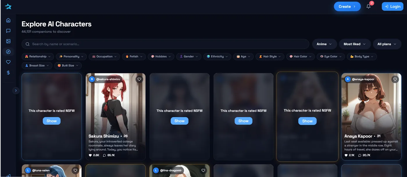 DarLink AI Explore page filtered to anime characters, showing 44,131 companions