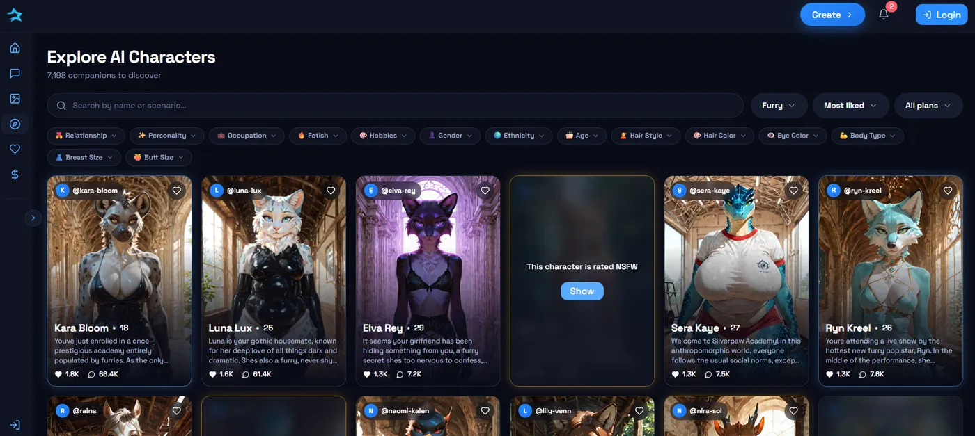 DarLink AI Explore page filtered to furry characters, showing 7,198 companions