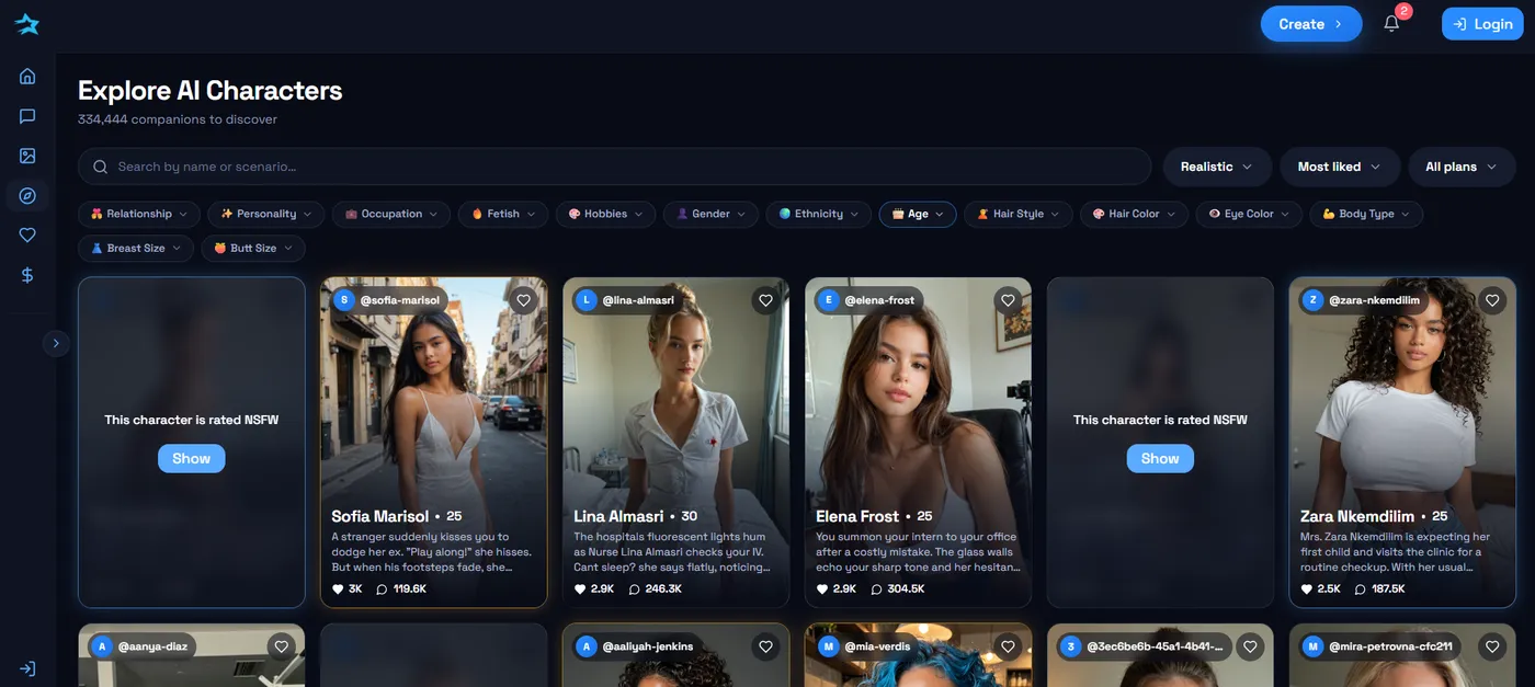DarLink AI Explore page filtered to realistic characters, showing 334,444 companions