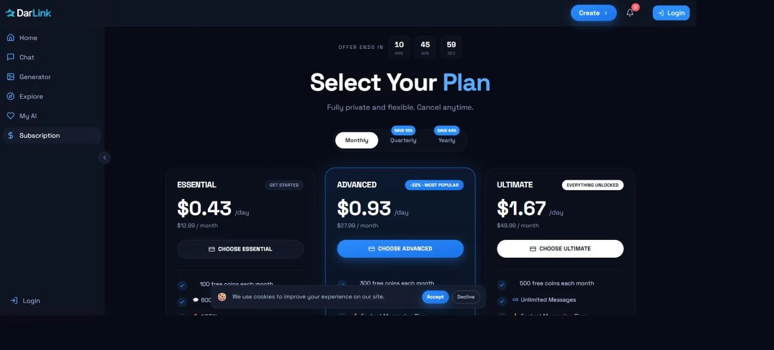DarLink AI plan selection page showing Essential, Advanced and Ultimate tiers