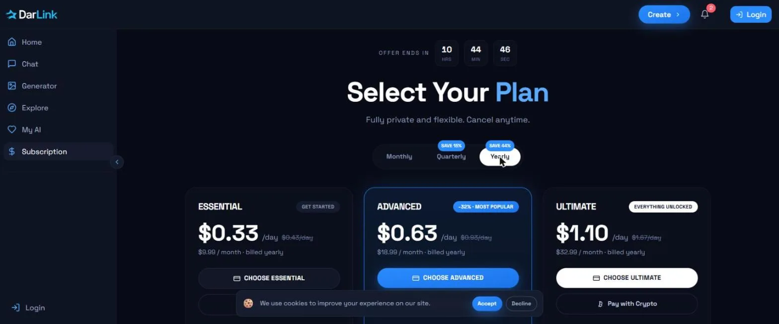 DarLink AI yearly pricing showing a SAVE 44% badge above tiers discounted 23 to 34 percent