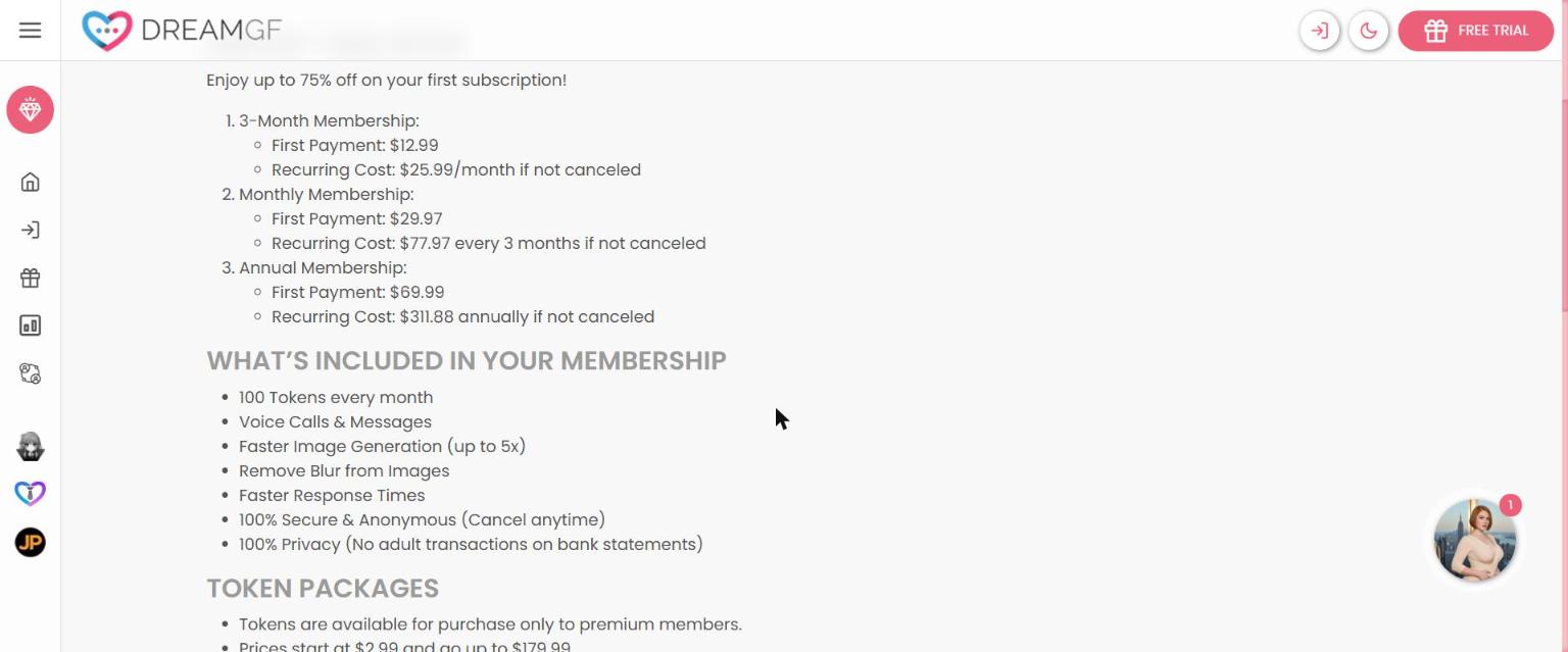 DreamGF pricing page listing first payment and recurring cost for the 3-month, monthly and annual memberships