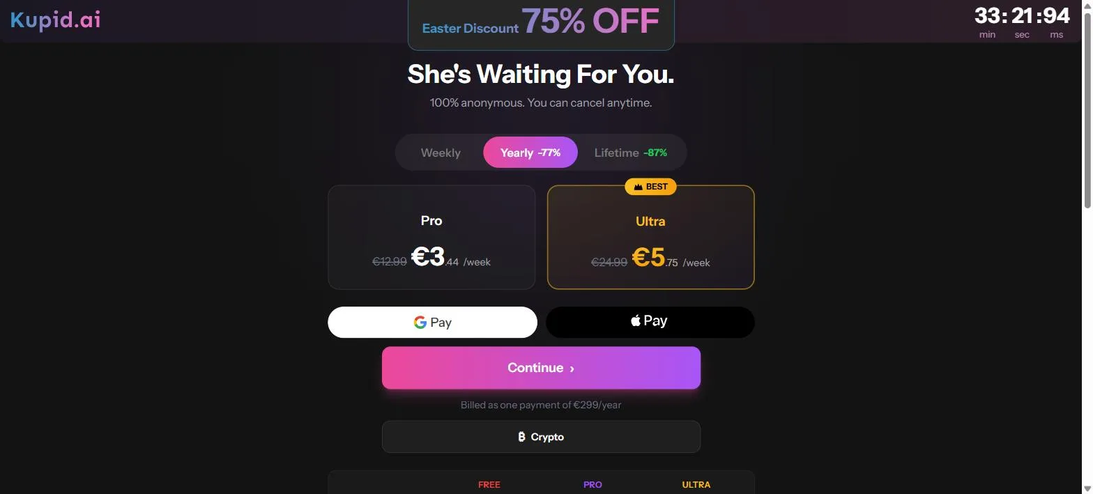Kupid AI subscription page showing Pro and Ultra tiers priced per week in euros