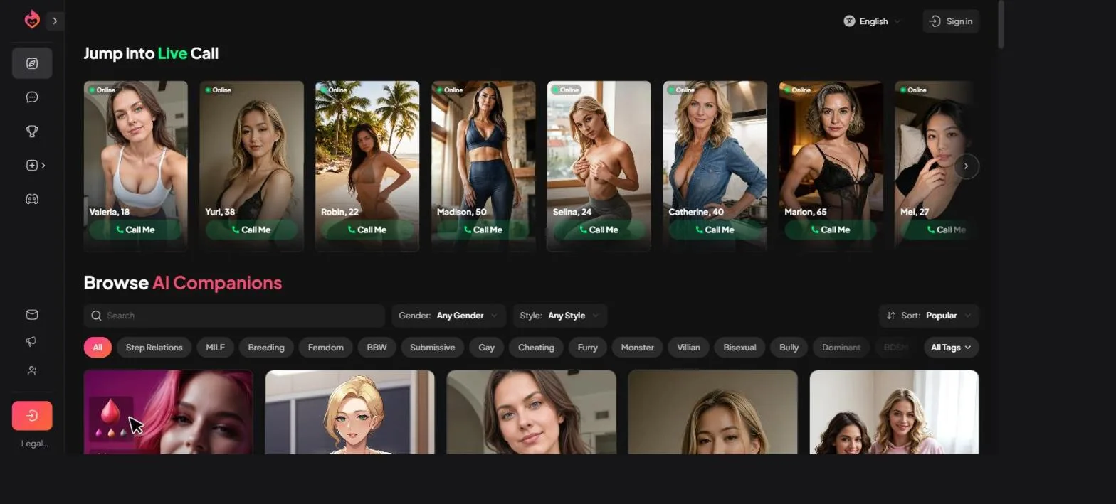 My Dream Companion homepage showing the Live Call row and AI companion browser