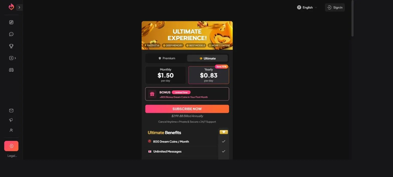 My Dream Companion pricing page showing Ultimate at $1.50 per day and $299.88 billed annually