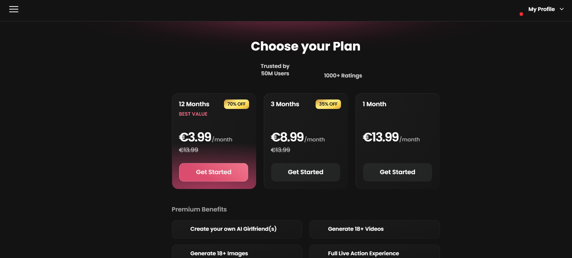 Candy AI plan grid in euros: 3.99 per month on 12 months, 8.99 on 3 months, 13.99 for one month