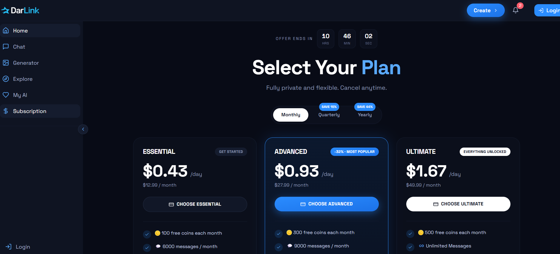 Darlink AI plan grid showing per day and per month prices with message caps per tier