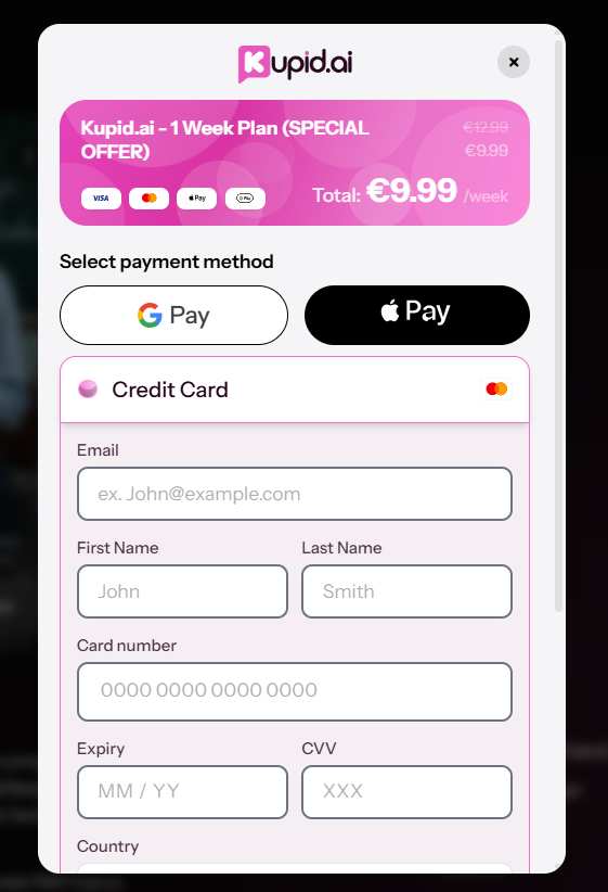 Kupid AI checkout showing the one week plan reduced from 12.99 to 9.99 euros