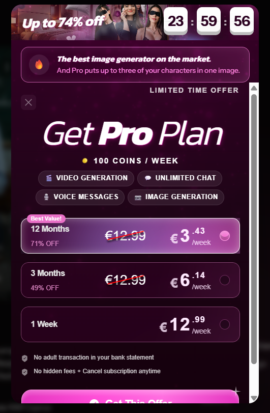 Kupid AI plan selector priced in euros per week with a countdown timer