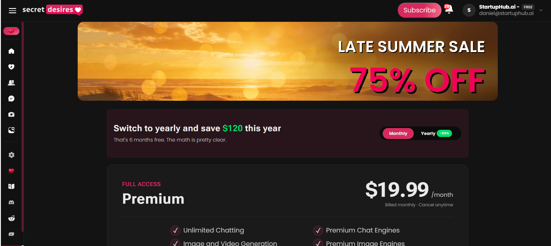 Secret Desires AI late summer sale banner above the Premium plan