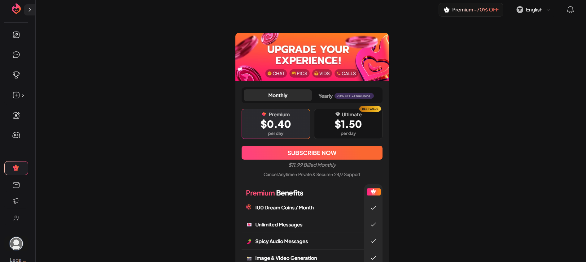My Dream Companion monthly pricing at 0.40 dollars per day, 11.99 dollars billed monthly