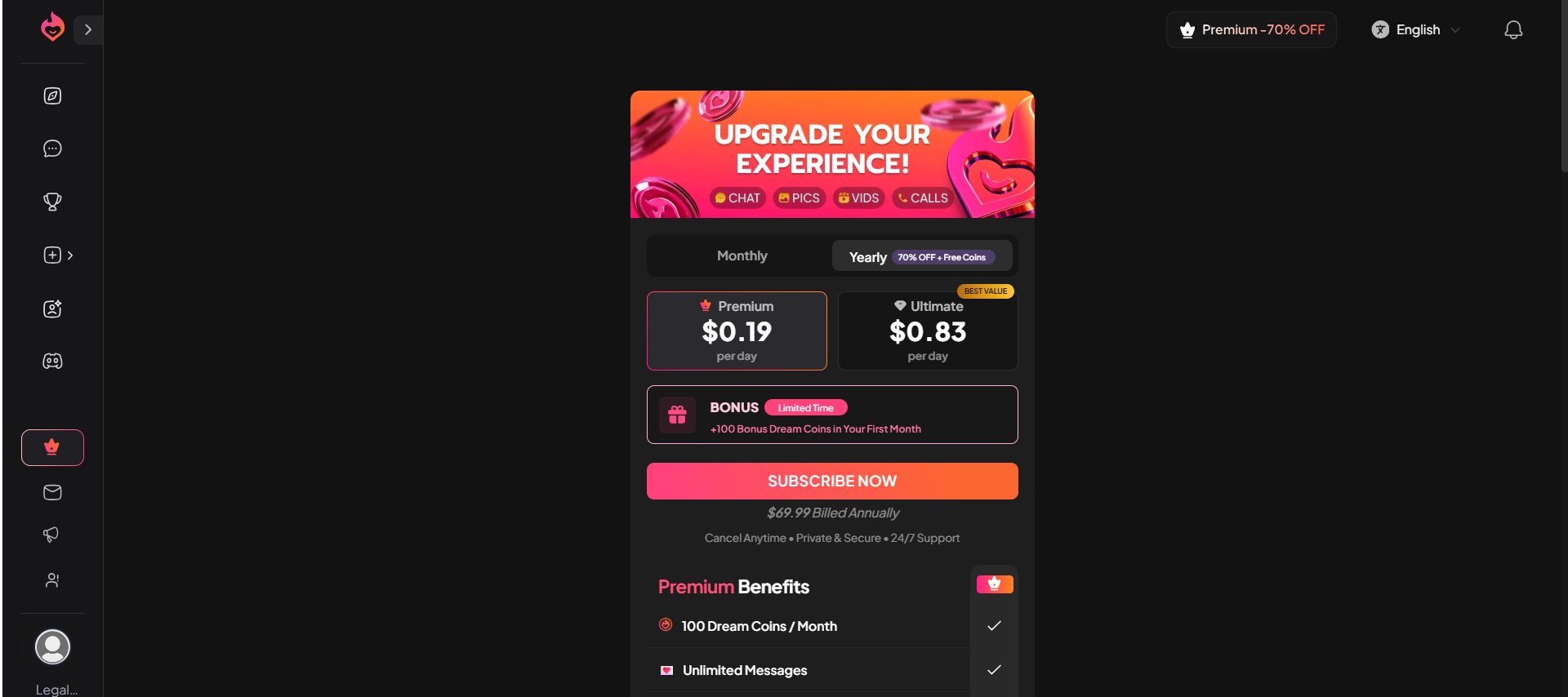 My Dream Companion yearly pricing at 0.19 dollars per day, 69.99 dollars billed annually