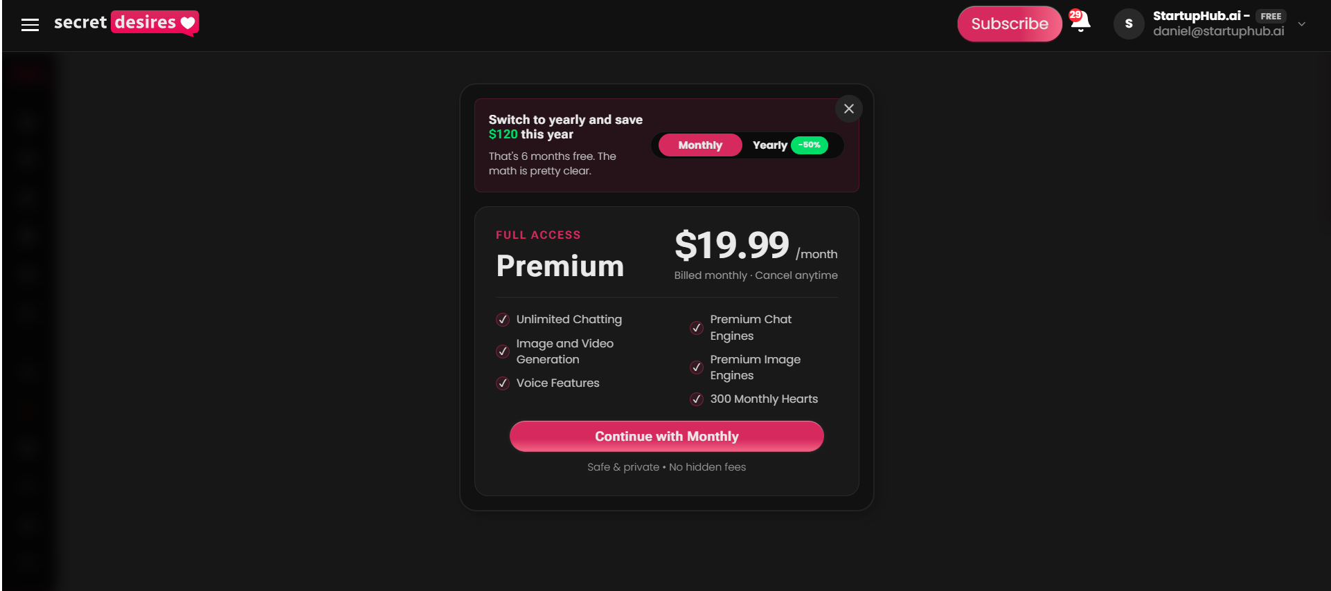 Secret Desires AI Premium plan at 19.99 dollars per month billed monthly