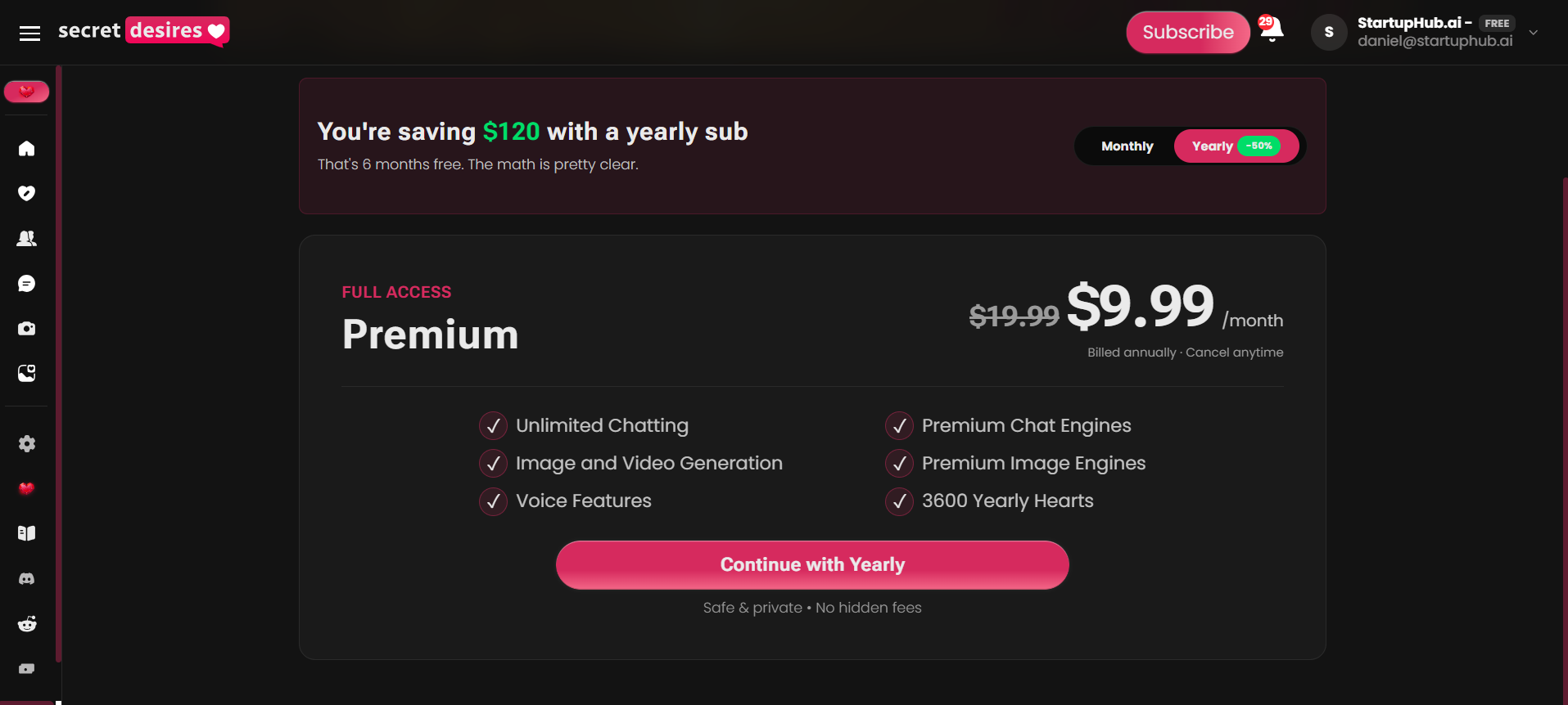 Secret Desires AI Premium yearly plan at 9.99 dollars per month billed annually
