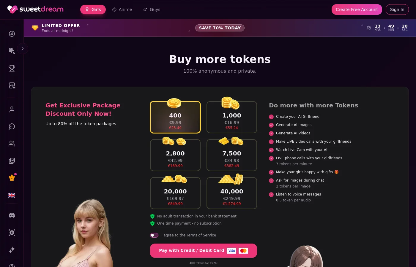 SweetDream AI tokens page showing six token packs and the published per action token rates