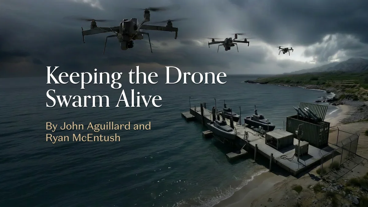 Military drones flying in formation over a naval base.